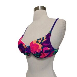 90s Vintage Womens Bikini Swimsuit Top Size 10 Neon Floral Print